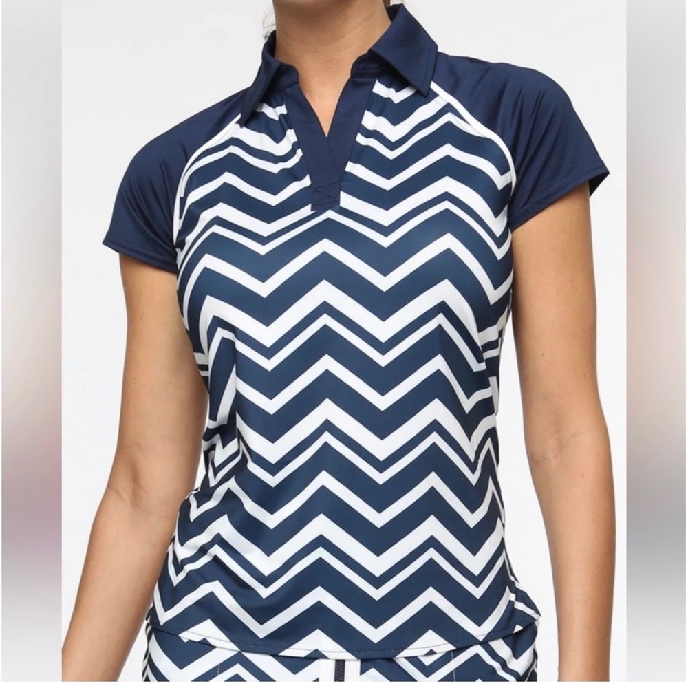 Belyn Key‎  Cap Sleeve Zig Zag Print Polo w/ Golf Club Logo Navy White L NEW